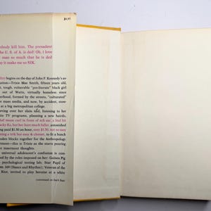 May include: An open book with aged pages and a yellow spine. The left page features text about Trixie Mae Smith. The right page is blank. The book's cover has a price tag of &pound;5.50, approximately.