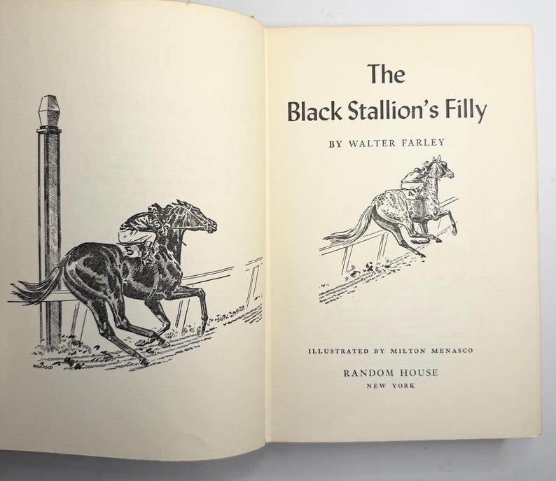 May include: An open book with the title "The Black Stallion's Filly" by Walter Farley. Illustrations by Milton Menasco. The book features black and white drawings of racehorses and jockeys in action. Published by Random House, New York.