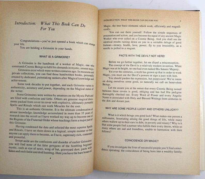 May include: Open book with text on aged paper. The left page has an introduction about what the book can do, and the right page discusses magic and the devil. The book is about magic and grimoires.