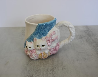 Vintage White Cats Kittens Yarn Mug Coffee Cup Cottage Core