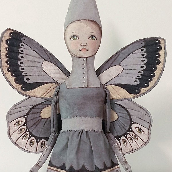 Dark Fairy Painted Cloth Doll w Wings Original Folk Art OOAK