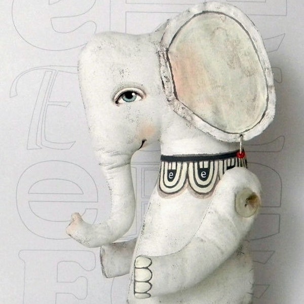 White Elephant-- Original Contemporary Folk Art Doll-- Made to order within a week