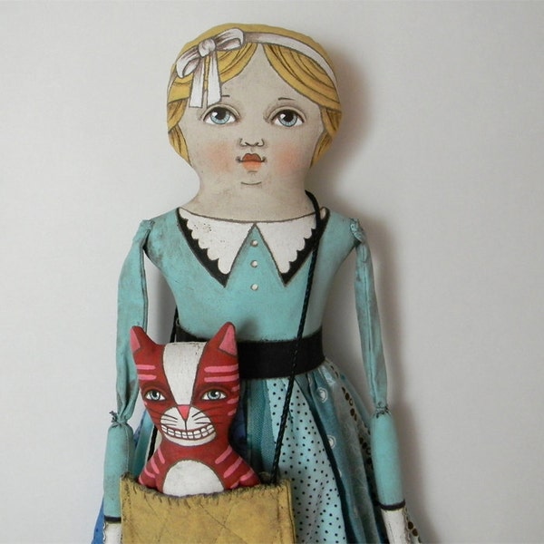 Alice in Wonderland with Cheshire Cat-- Contemporary Folk Art Doll-- One of a Kind
