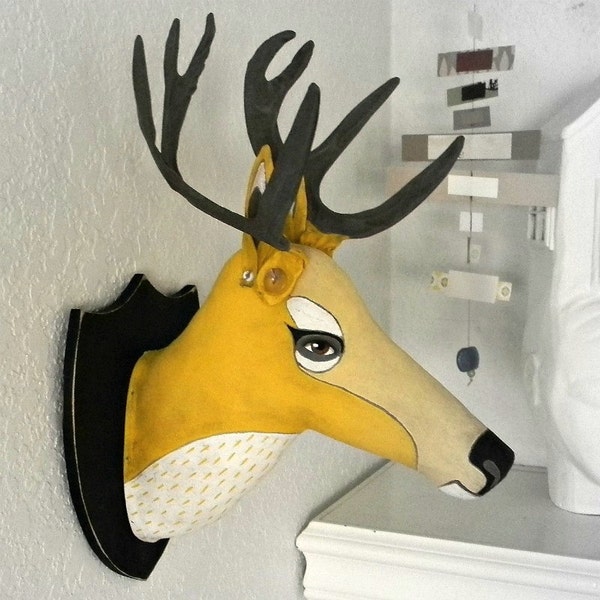 LAST ONE- Yellow Deer Head Hand Painted Original Folk Art Cloth Sculpture-- Friendly Faux Taxidermy-- Made to order within a week