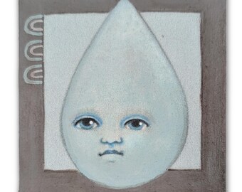 Rain Drop Raindrop Mini Painting on Stretched Canvas Mixed-Media OOAK