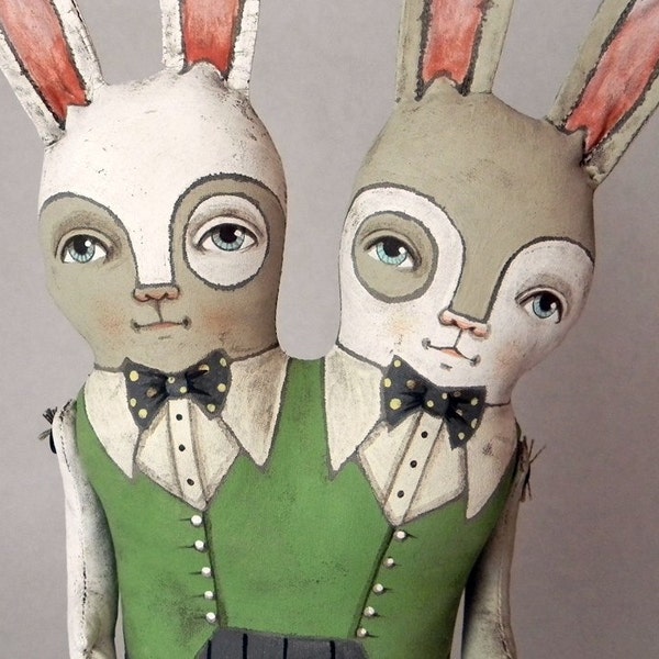 LAST ONE- Conjoined Bunny Rabbit Twins Hand Painted Original Folk Art Doll- Custom made within a week