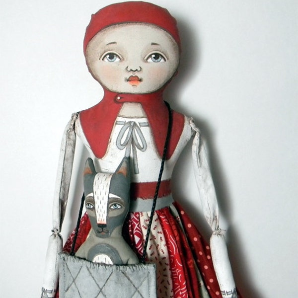 Little Red Riding Hood and Wolf-- Contemporary Folk Art Doll-- One of a Kind