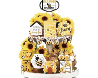 15 Piece Bee and Honeycomb Tiered Tray Decor/ Lemon Signs/ Wood Signs Shaker with Beads and Sprinkles / Accent Decor / Lemon Tiered  Tray