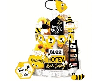 15 Piece Bee and Honeycomb Tiered Tray Decor/ Lemon Signs/ Wood Signs Shaker with Beads and Sprinkles / Accent Decor / Lemon Tiered  Tray