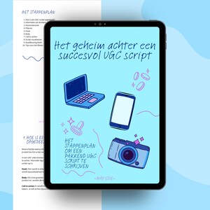 Może przedstawiać: Niebieski tablet z białym ekranem i różowo-niebieską ilustracją laptopa, smartfona, aparatu fotograficznego i monet. Tekst na ekranie brzmi "Het geheim achter een succesvol UGC script" i "HET STAPPENPLAN OM EEN PAKKEND UGC SCRIPT TE SCHRIJVEN -MAY EDIE-."