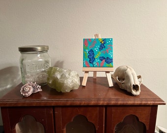 Miniature Canvas Acrylic Painting with easel layered abstract art for dollhouse curio cabinet trinket collecting