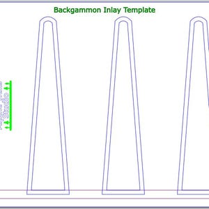 Może przedstawiać: Szablon do tworzenia intarsji do gry w backgammon. Szablon przedstawia trzy identyczne kształty, każdy z ostrym wierzchołkiem i zaokrąglonym dnem. Kształty są obrysowane na niebiesko.