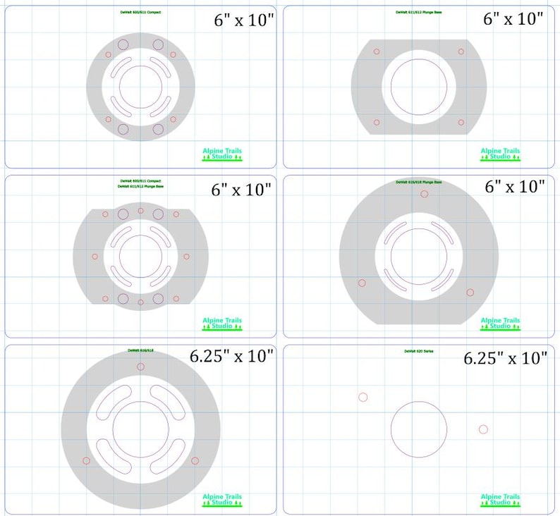 May include: Six different sizes of round, gray, paper stencils with a circle in the center and a ring around the circle. The stencils are on a white grid background. The text "6" x "10" appears on the top two stencils and the text "6.25" x "10" appears on the bottom two stencils. The text "Alpine Trails Studio" appears on each stencil.