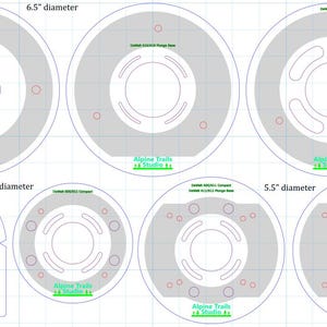 May include: Diagram showing six different sizes of round, gray, metal blanks with various hole patterns. The blanks are labeled with their diameters in inches: 6.5", 5.5", and 4.5". Each blank has a logo that reads "Alpine Trails Studio".