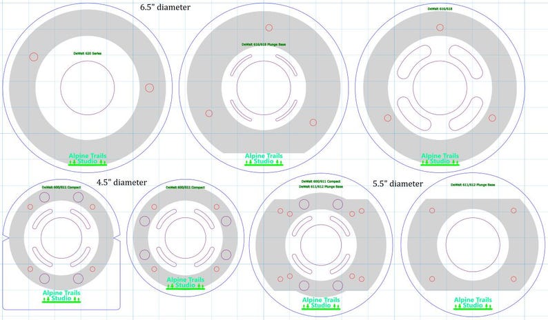 May include: Diagram showing six different sizes of round, gray, metal blanks with various hole patterns. The blanks are labeled with their diameters in inches: 6.5", 5.5", and 4.5". Each blank has a logo that reads "Alpine Trails Studio".