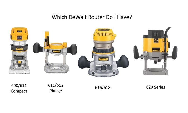 May include: Four different DeWalt routers, each with a yellow and gray color scheme. The routers are labeled with their model numbers: 600/611 Compact, 611/612 Plunge, 616/618, and 620 Series.
