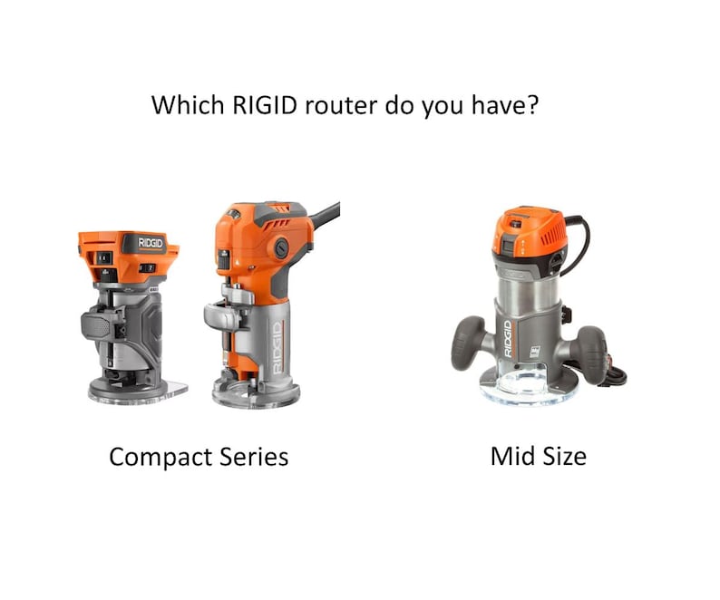Peut inclure: Deux routeurs RIDGID diff&eacute;rents, l'un &eacute;tiquet&eacute; "Compact Series" et l'autre "Mid Size". Les deux routeurs sont orange et gris et ont un cordon d'alimentation noir.