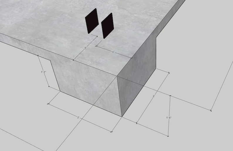 以下が含まれることがあります： 長さ7' 2"、幅1'のコンクリート製のテーブルトップ。テーブルには、長さ2'、幅2'、高さ1'のコンクリート製のベースがあります。