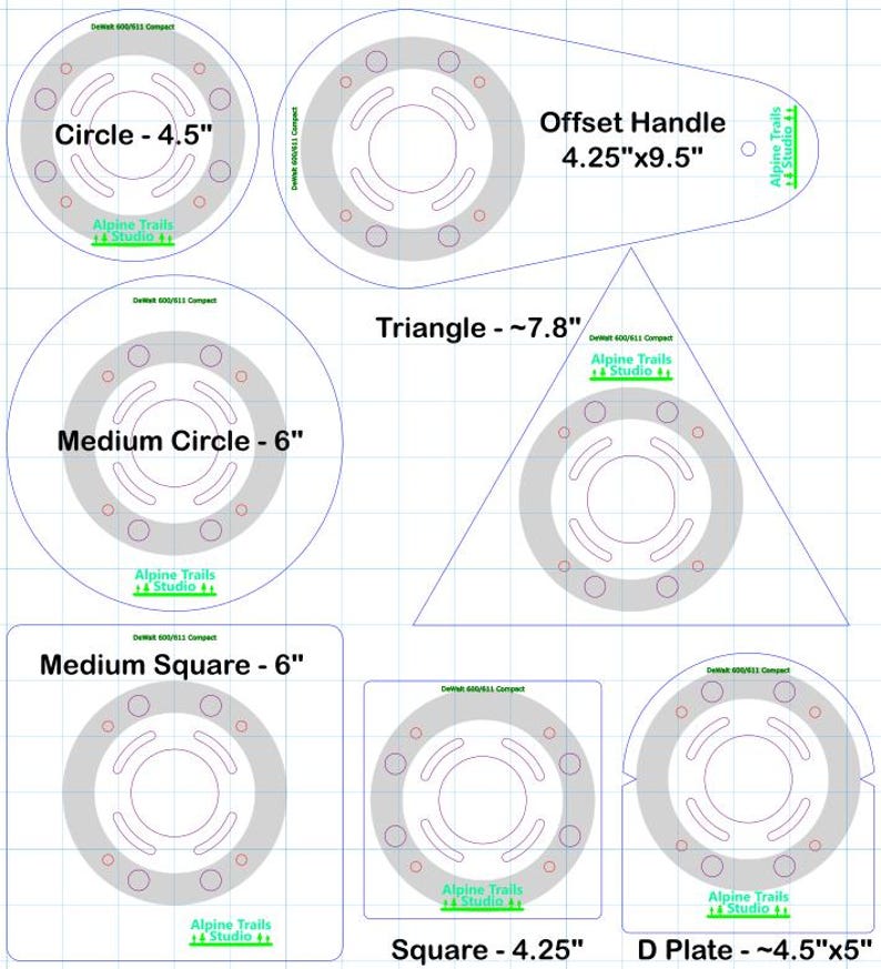 May include: Diagram showing different shapes and sizes of metal blanks for crafting, including a circle, square, triangle, and D-plate. The blanks are labeled with their dimensions in inches. The text "Alpine Trails Studio" appears on each blank.