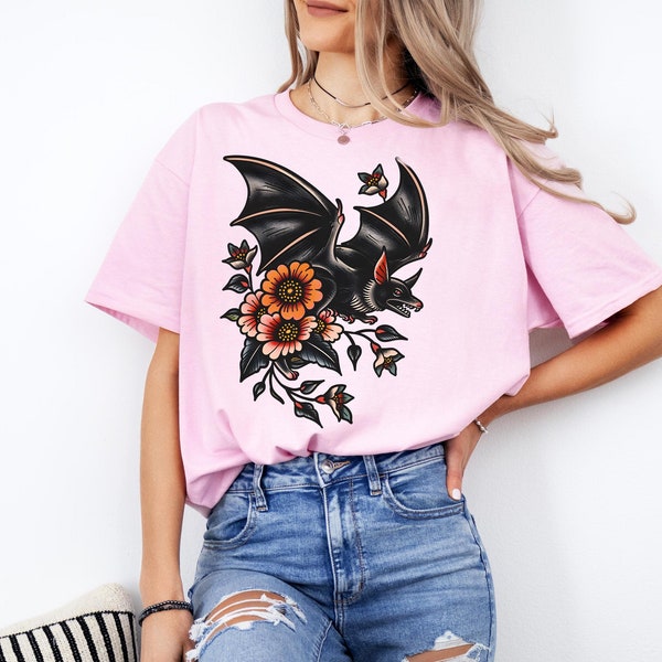 Vampire Bat Floral Tattoo T-Shirt - Vintage Sailor Jerry Style, Unisex Fashion Tee