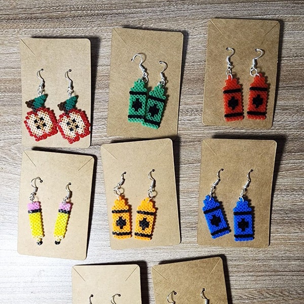 Teacher's day gift pencil apple crayon mini perler earrings -Hama beads - cute kawaii jewelry - nostalgic - 8bits - sprite - pixel art