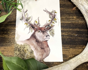 Majestic Stag Watercolor Art Print: Woodland Nature Decor