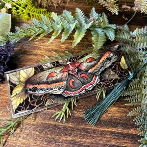 May include: A rectangular bookmark featuring a detailed illustration of a moth with red, black, and green wings. The bookmark has a green tassel and is set against a backdrop of leaves and greenery.