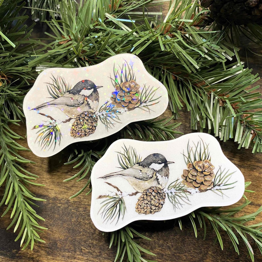 Chickadee and Pinecone Sticker: Waterproof Vinyl Bird Art Decal - Etsy