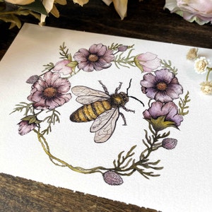 Bee and Cosmos Flower Watercolor Art Print