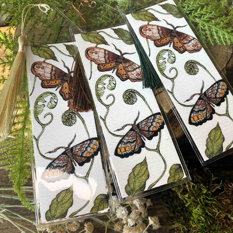 beautiful hand painted watercolor moth bookmark butterfly perfect gift for her bibliophile in protective sleeve with choice of tassel color