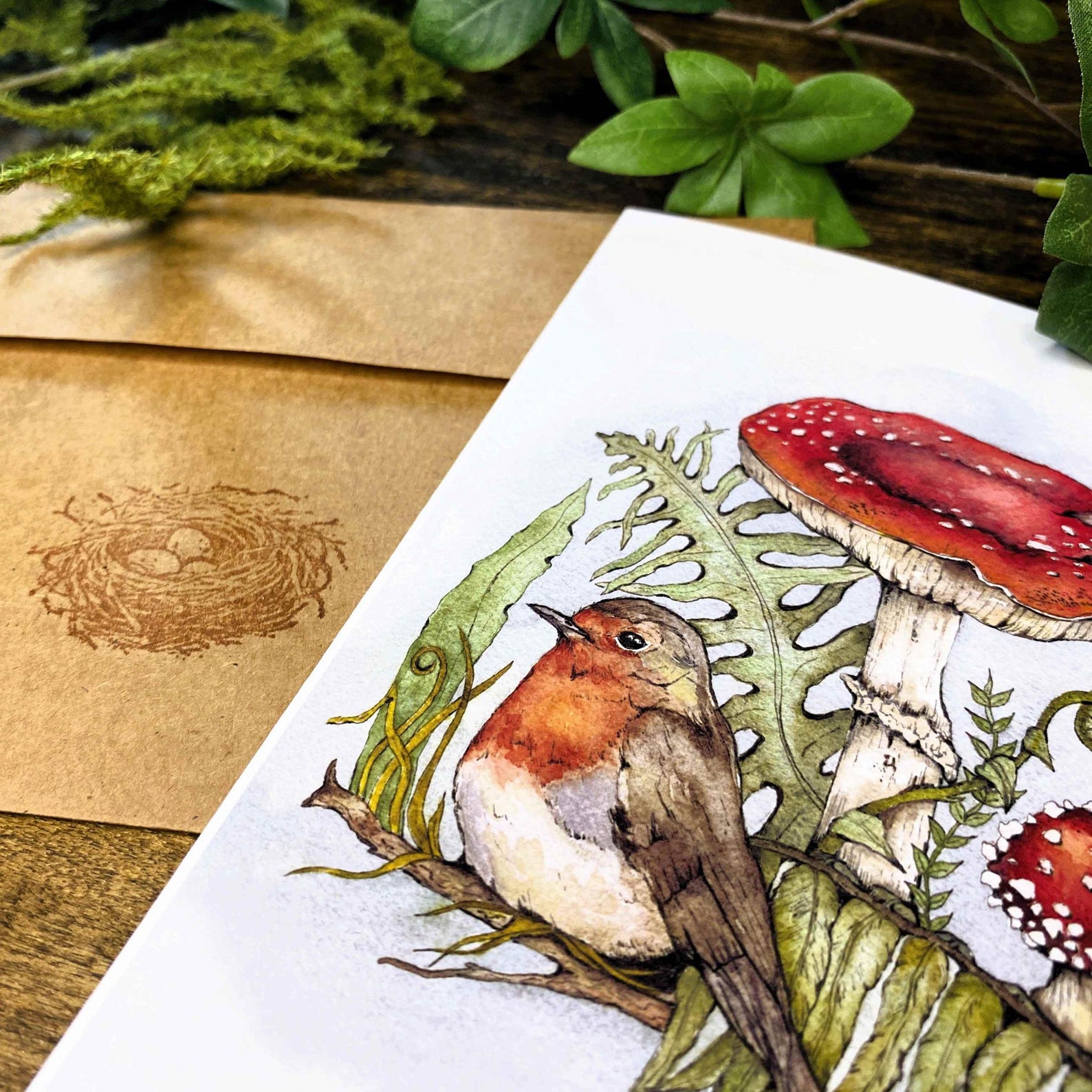Robin and Mushroom Watercolor Greeting Card: Frameable Forest Art - Etsy