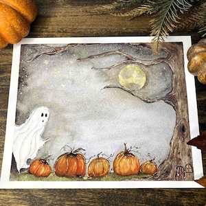 Whimsical Ghost and Pumpkin Patch Watercolor Art Print