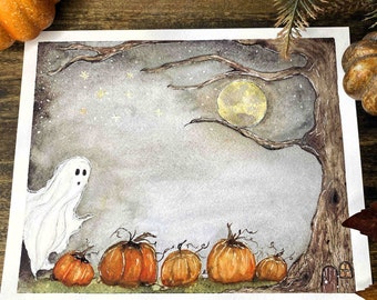 Whimsical Ghost and Pumpkin Patch Watercolor Art Print