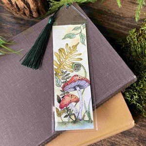 cute handmade watercolor retro vintage style mushroom bookmark in protective sleeve with choice of tassel color