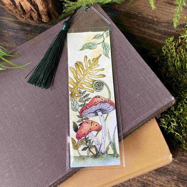 cute handmade watercolor retro vintage style mushroom bookmark in protective sleeve with choice of tassel color