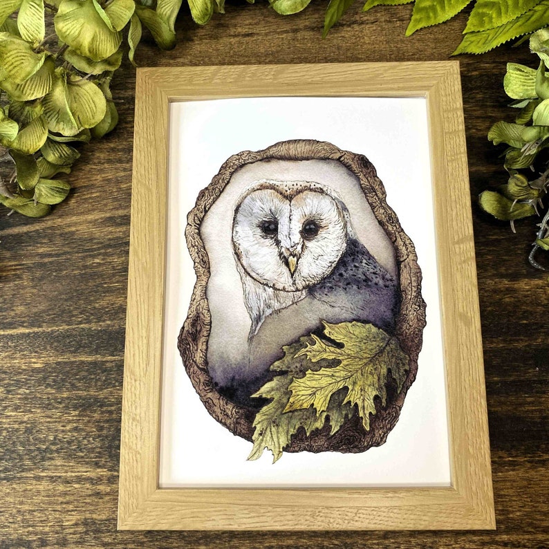 watercolor owl perched in a tree fine art print