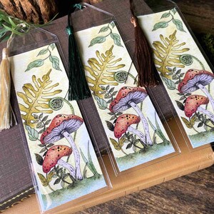 cute handmade watercolor retro vintage style mushroom bookmark in protective sleeve with choice of tassel color