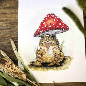 Toad and Mushroom Watercolor Art Print: Nature Gift