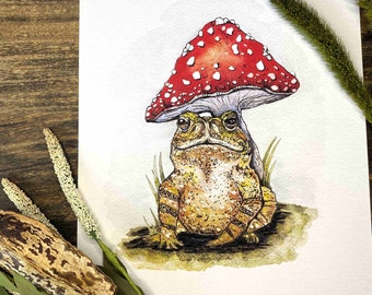 Toad and Mushroom Watercolor Art Print: Nature Gift