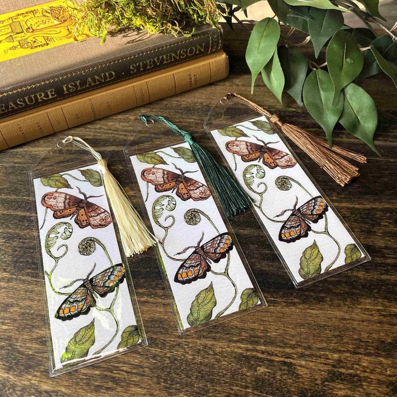 beautiful hand painted watercolor moth bookmark butterfly perfect gift for her bibliophile in protective sleeve with choice of tassel color