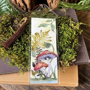 cute handmade watercolor retro vintage style mushroom bookmark in protective sleeve with choice of tassel color