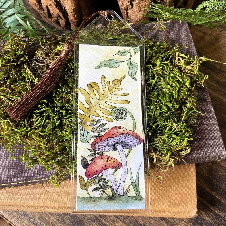 cute handmade watercolor retro vintage style mushroom bookmark in protective sleeve with choice of tassel color