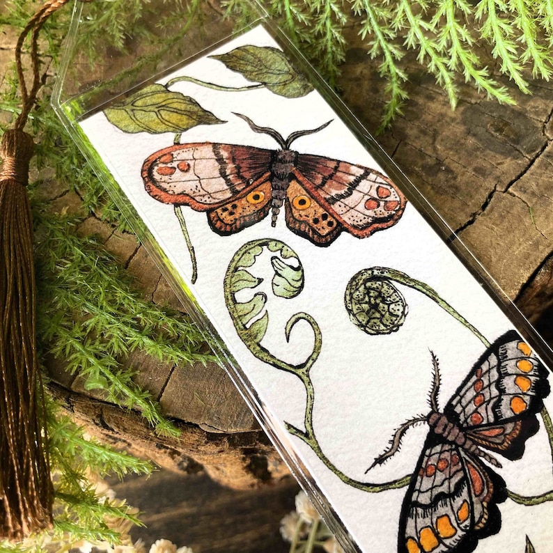 beautiful hand painted watercolor moth bookmark butterfly perfect gift for her bibliophile in protective sleeve with choice of tassel color