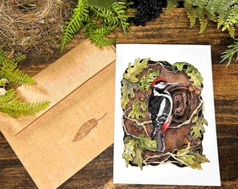Forest Woodpecker and Oak Tree Watercolor Greeting Card with Kraft Envelope