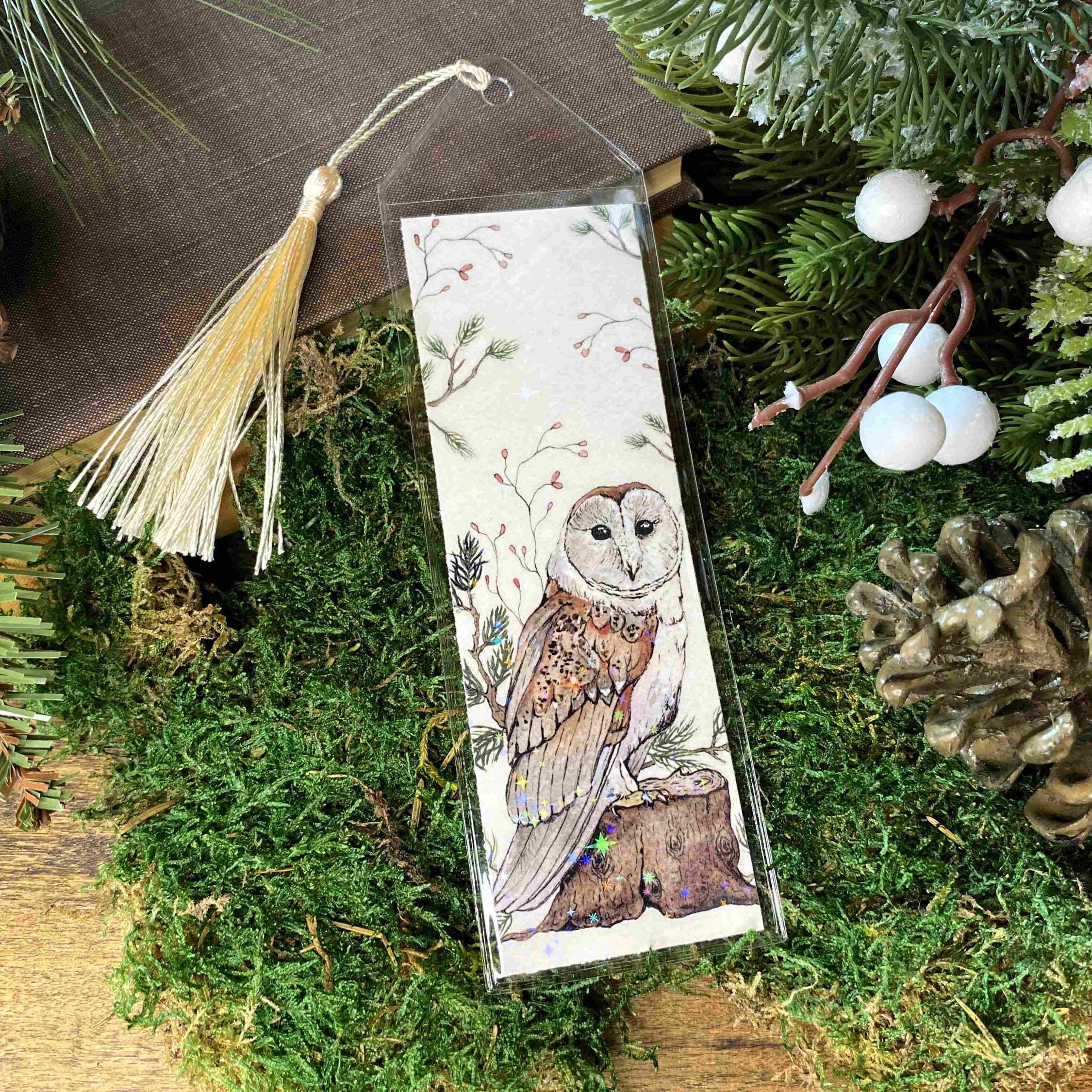 Barn Owl Winter Bookmark - Handmade Watercolor Art - Unique Gift for Book Lovers and Bibliophiles