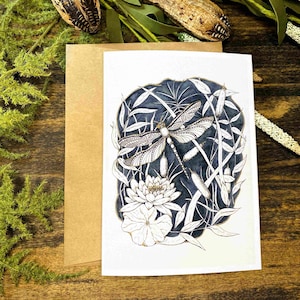 Dragonfly and Lily Blank Greeting Card with Kraft Envelope - Blank Inside - Handmade Watercolor Art - Perfect for Gift