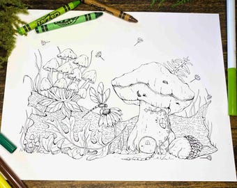Mushroom Dragonfly Coloring Page: Forest Scene Art (PDF & JPG Downloadable 8.5x11in