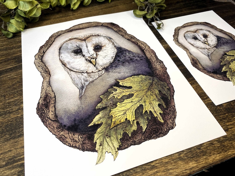 watercolor owl perched in a tree fine art print