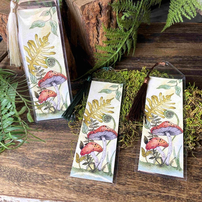 cute handmade watercolor retro vintage style mushroom bookmark in protective sleeve with choice of tassel color