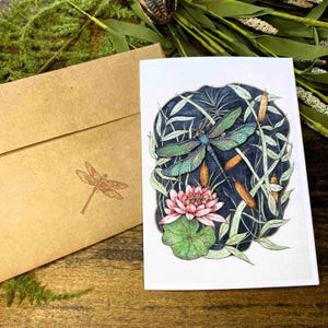 Dragonfly and Lily Blank Greeting Card with Kraft Envelope - Blank Inside - Handmade Watercolor Art - Perfect for Gift